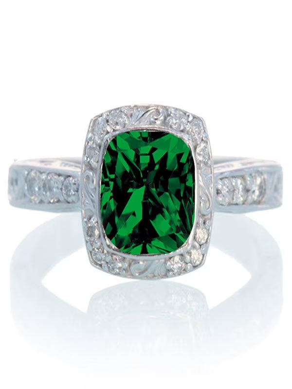 Vintage Emerald and Diamond Halo Wedding Ring on 10k White Gold F41190