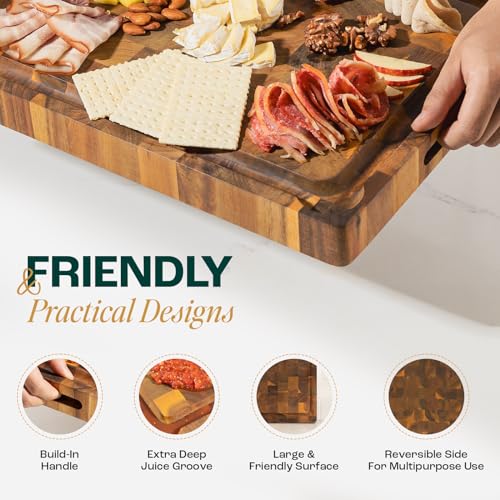 20''Lx15''Wx1.5” Thick Acacia Wood Cutting Board with Juice Grooves and Handle T134