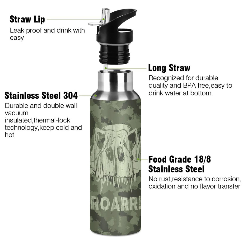 Green Camouflage Dinosaurs Stainless Steel Water Bottle with Straw Lid 20 OZ D836228