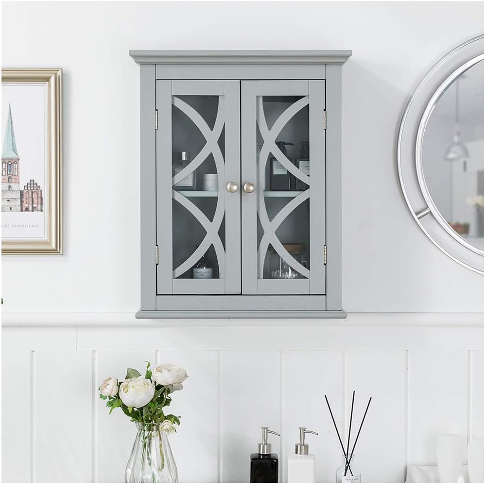 Grey Wooden Storage Cabinet with Double Doors and Drawer N543