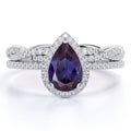 1.5 Carat Pear Cut Lab Created Alexandrite and Moissanite Halo Wedding Ring Set in 18k White Gold over Silver P3952