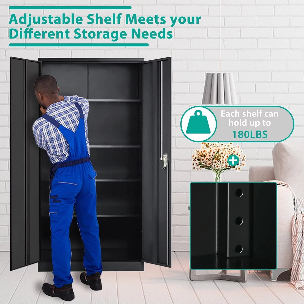 72 inch Black Metal Garage Storage Cabinet with Locking Doors P9963