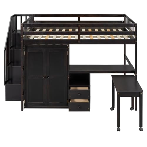 Gray Twin Size Wood Loft Bed with Stairs and Bookshelf N248283