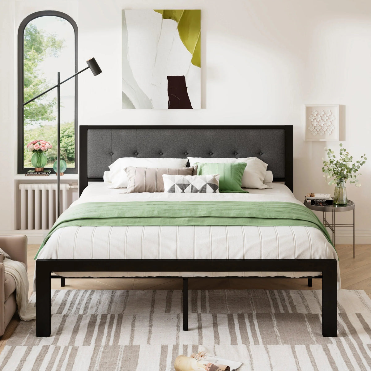 Black King Size Metal Platform Bed Frame with Fabric Headboard B692