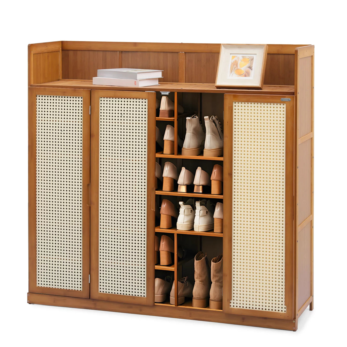 Bamboo 30 Pairs 7-Tier Shoe Cabinet with Folding Rattan Doors and Boots Compartments W866