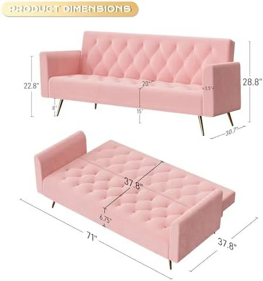 Velvet Futon Sofa Bed with 2 Pillows, 71 inch R23956