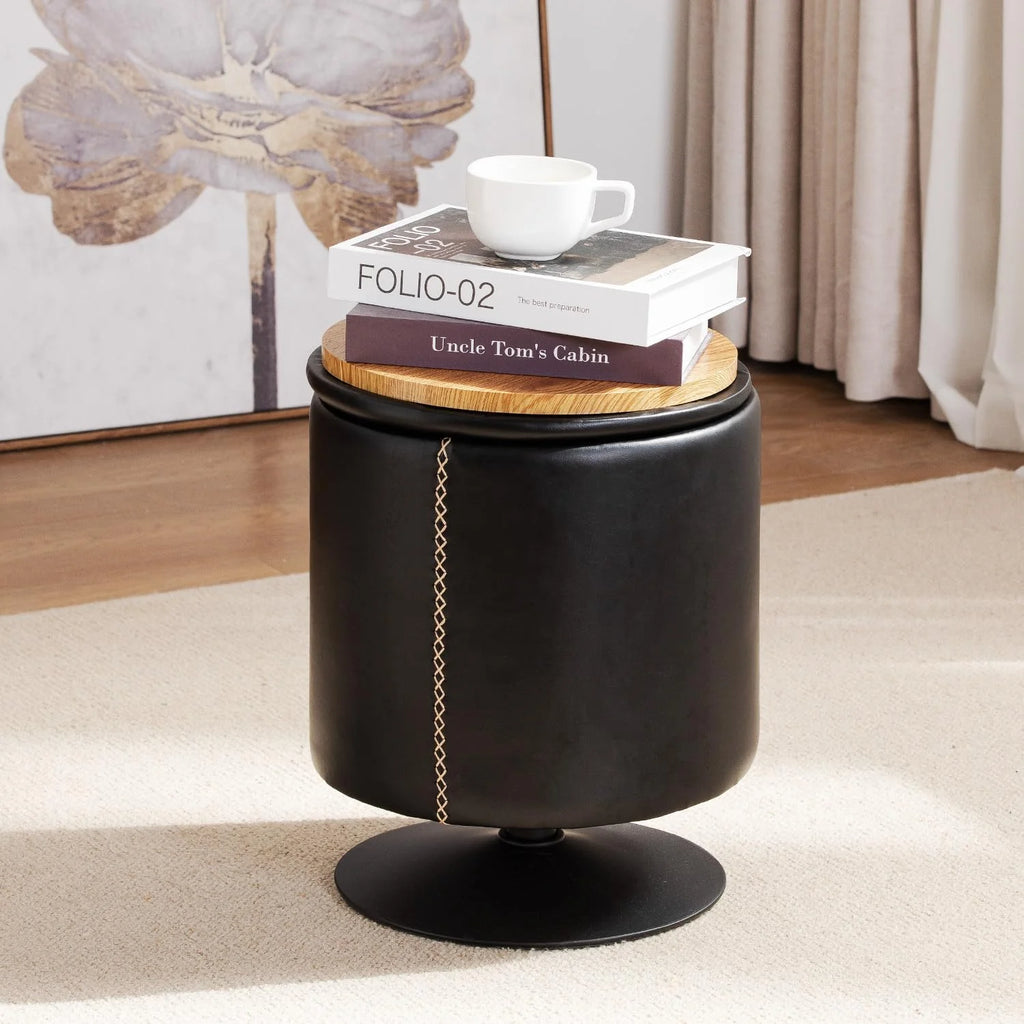 Black Round Faux Leather Storage Ottoman X6937