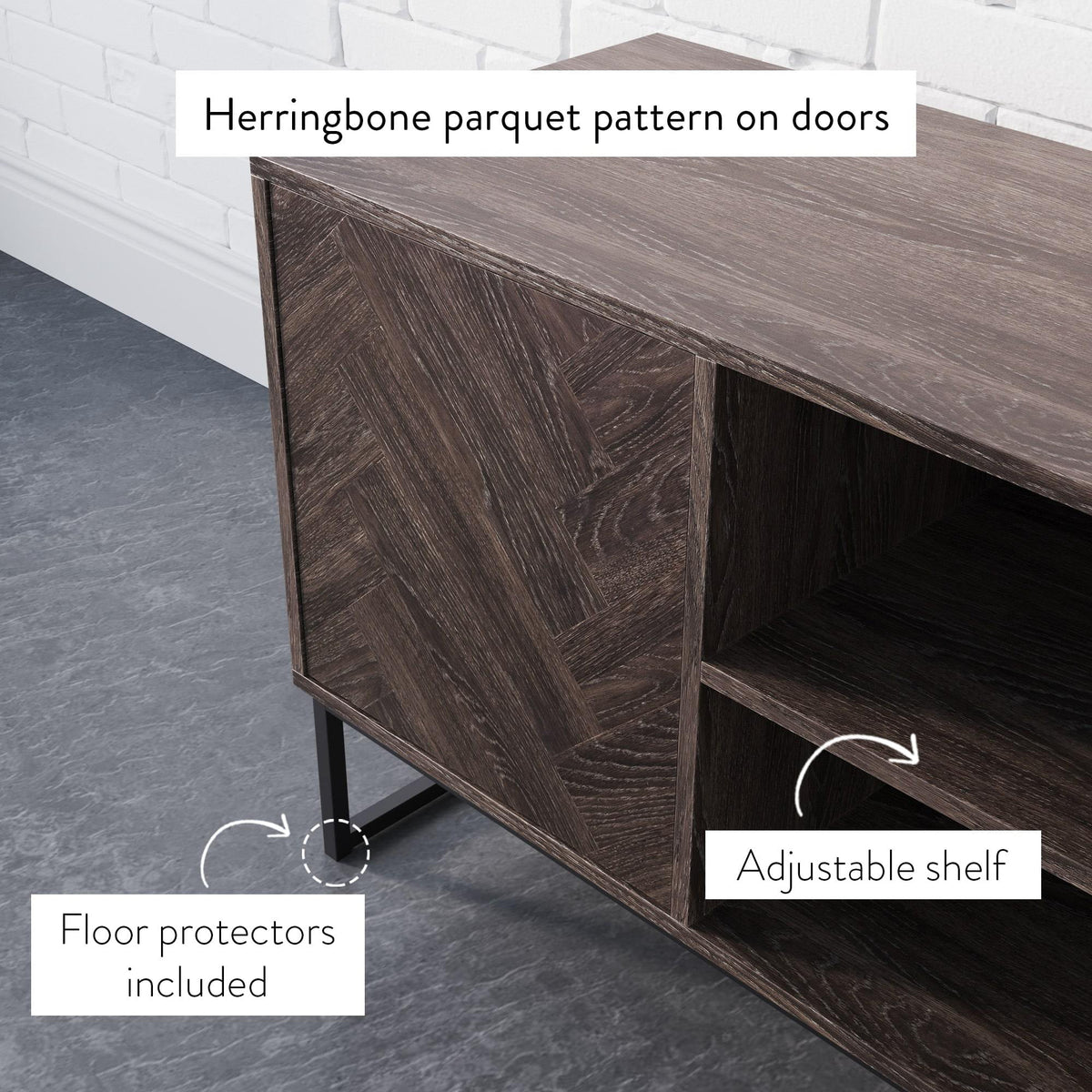Gray Black Herringbone Pattern Wood Metal Media Console Cabinet G9408