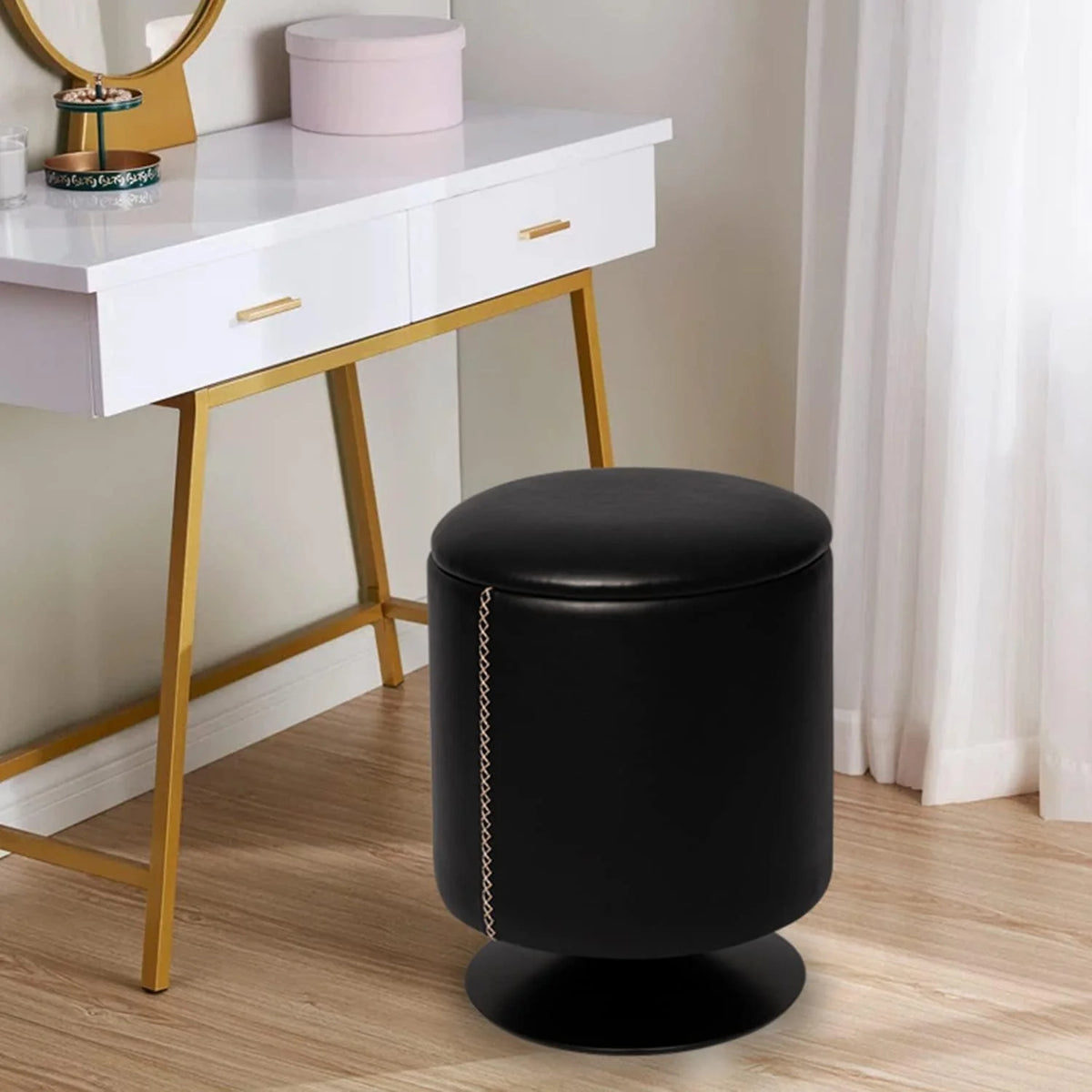 Black Round Faux Leather Storage Ottoman X6937