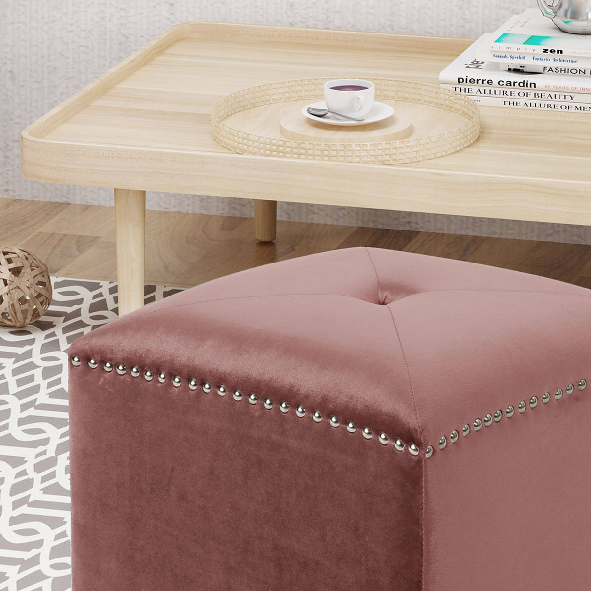 Pink Tufted Square Foot Stool Ottoman X78732