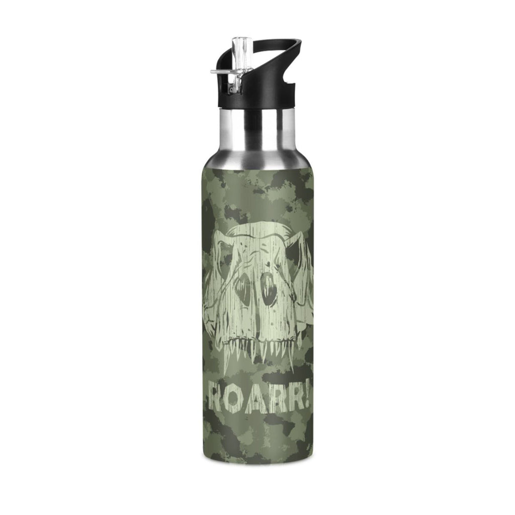 Green Camouflage Dinosaurs Stainless Steel Water Bottle with Straw Lid 20 OZ D836228