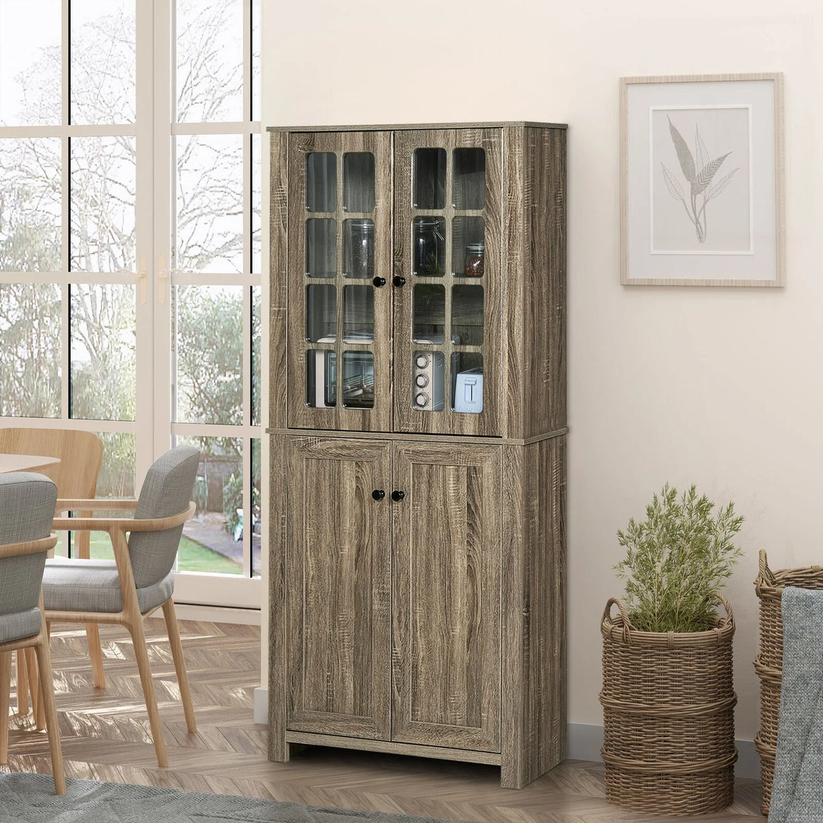Kitchen Pantry Storage Cabinet with Glass Doors Y173674
