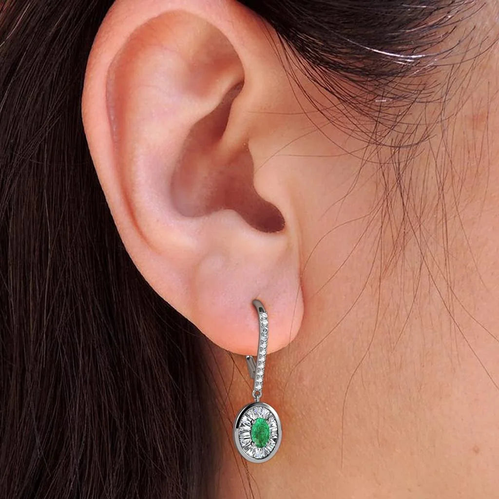 Oval Cut Emerald and Baguette Diamond Halo Drop Earrings 14K Gold S75259
