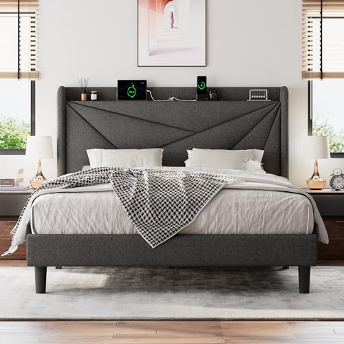 White Full Size Upholstered Platform Bed Frame with Storage Headboard I126483