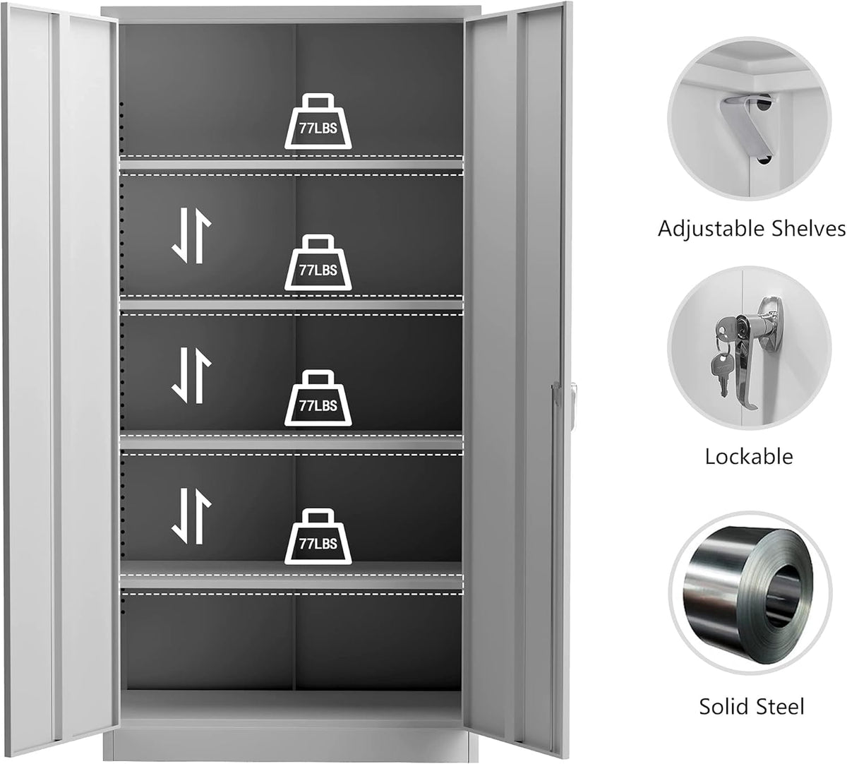 72 Inches Grey Metal Storage Cabinet with 4 Adjustable Shelves C184