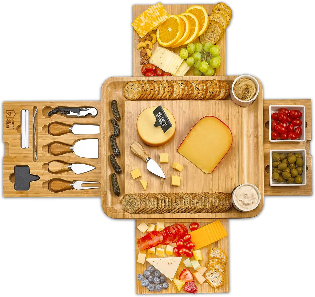 Large Charcuterie Board Set with 2 Ceramic Bowls & Plates, 4 Magnetic Drawers Bamboo Cheese Knife Set, Round Tray I6574
