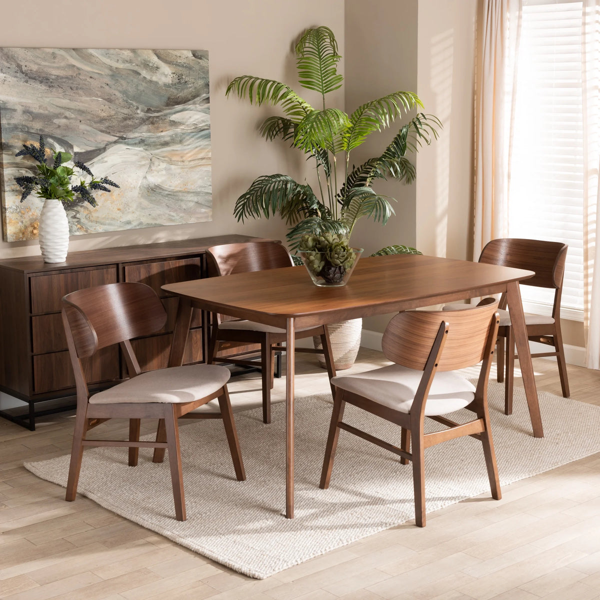 Beige Fabric Upholstered Walnut Brown Wood 5-Piece Dining Set H614