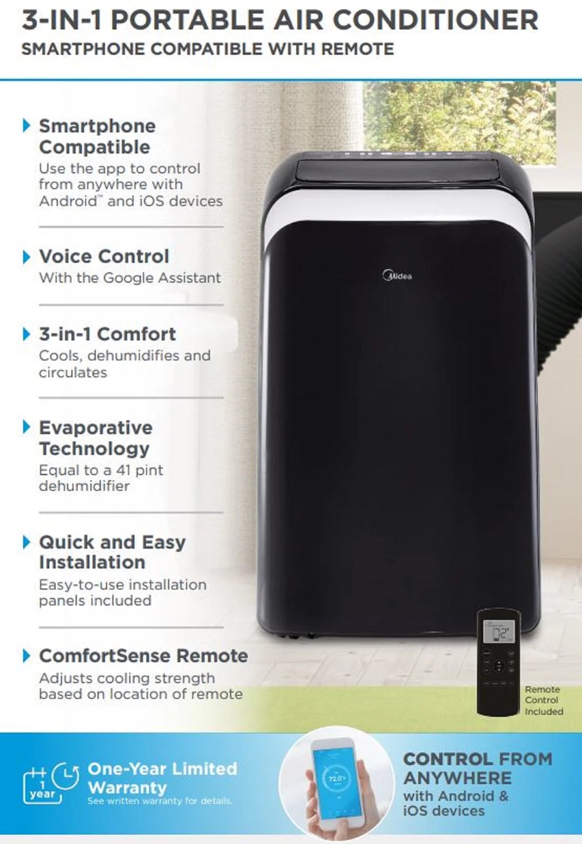 10,000 BTU Smart Portable Air Conditioner with Remote D556