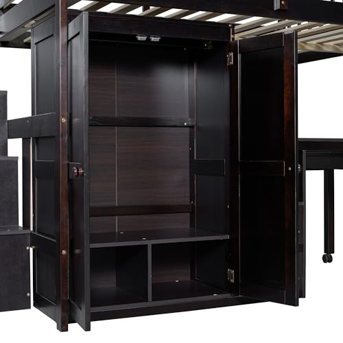 Gray Twin Size Wood Loft Bed with Stairs and Bookshelf N248283