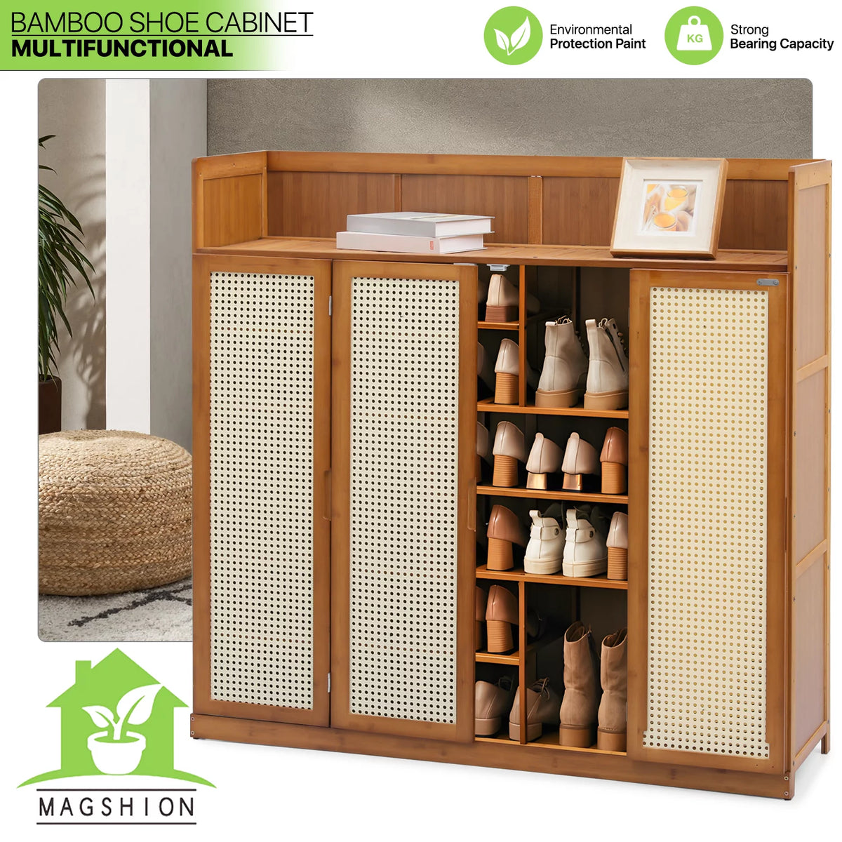 Bamboo 30 Pairs 7-Tier Shoe Cabinet with Folding Rattan Doors and Boots Compartments W866