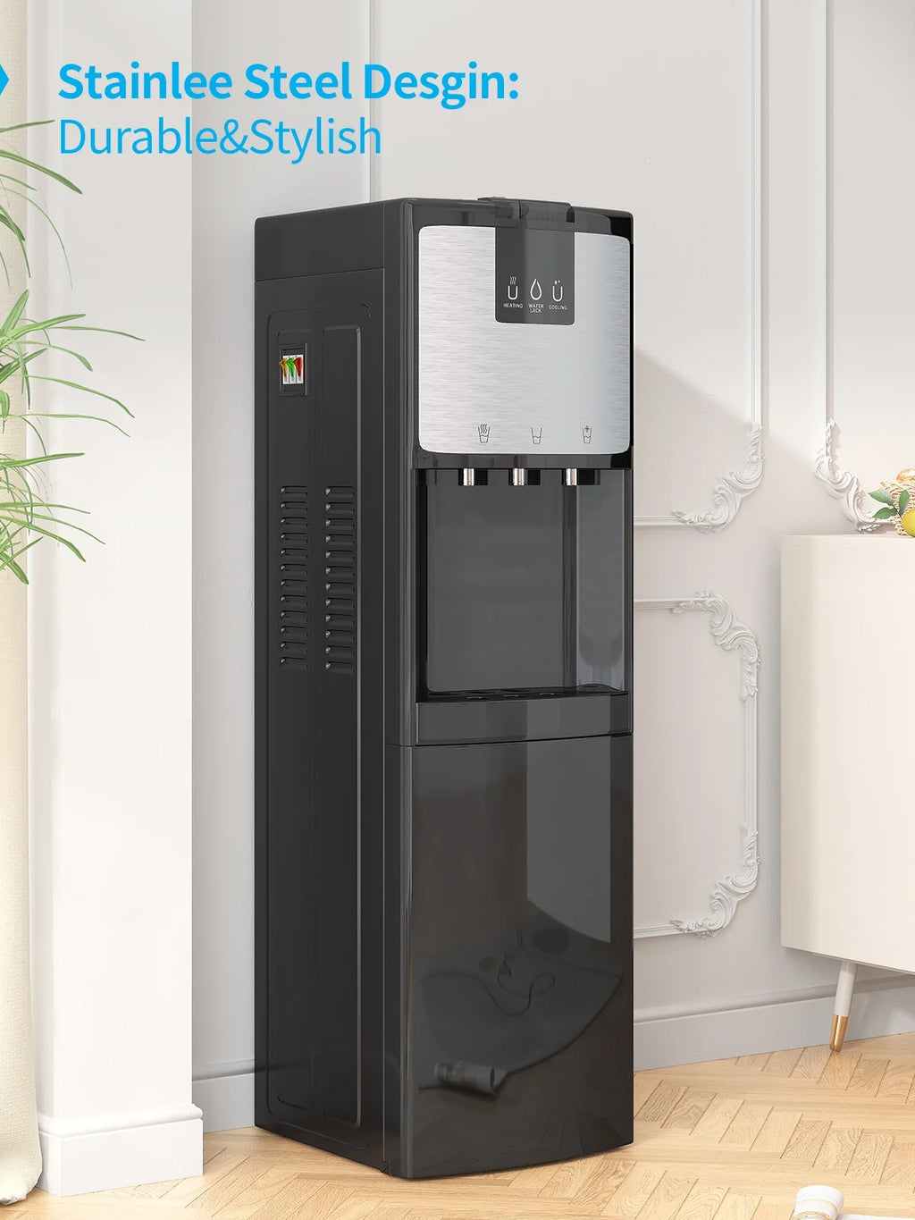 Bottom Loading Water Dispenser, Hot/Cold/Room Temperature, 3 or 5 Gallon, Black N2840