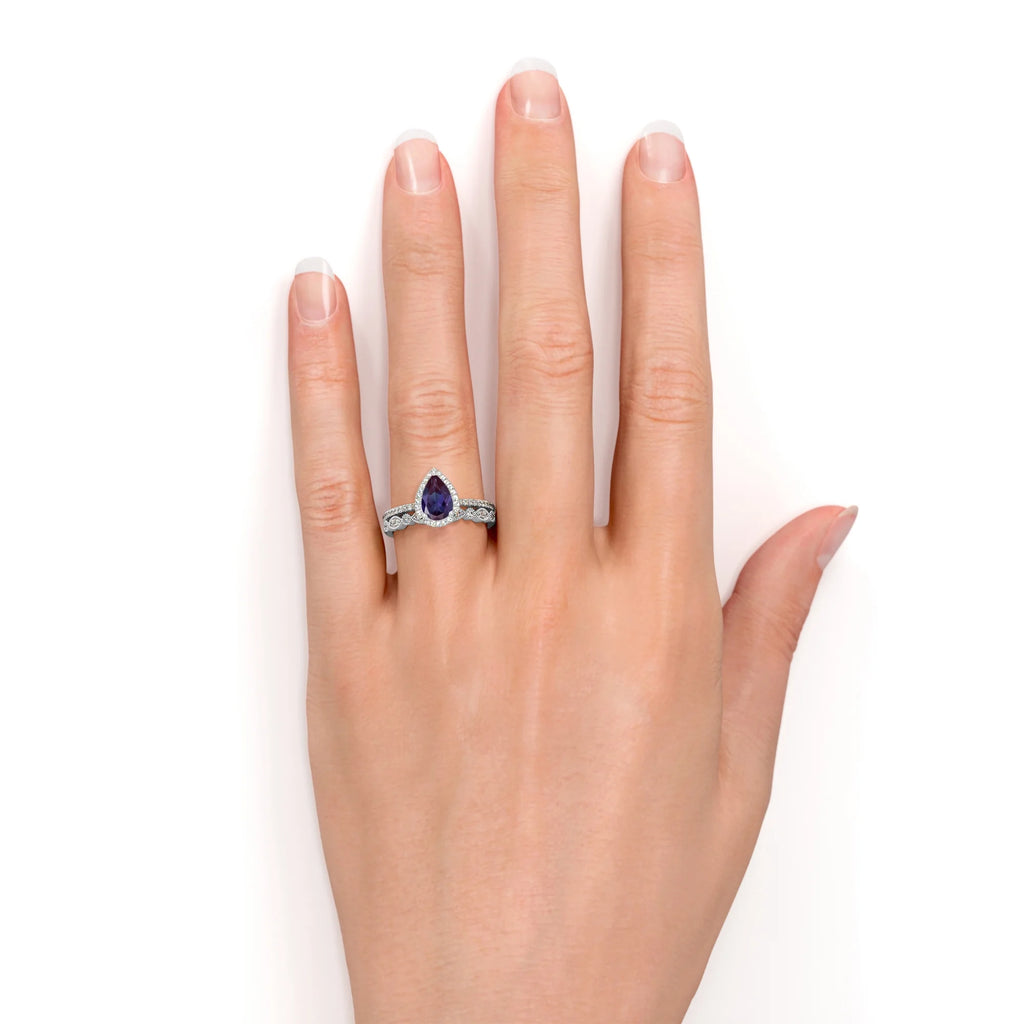 1.5 Carat Pear Cut Lab Created Alexandrite and Moissanite Halo Wedding Ring Set in 18k White Gold over Silver P3952