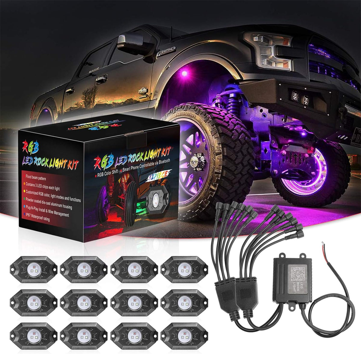 Multicolor RGB LED Rock Lights 12 Pods F780