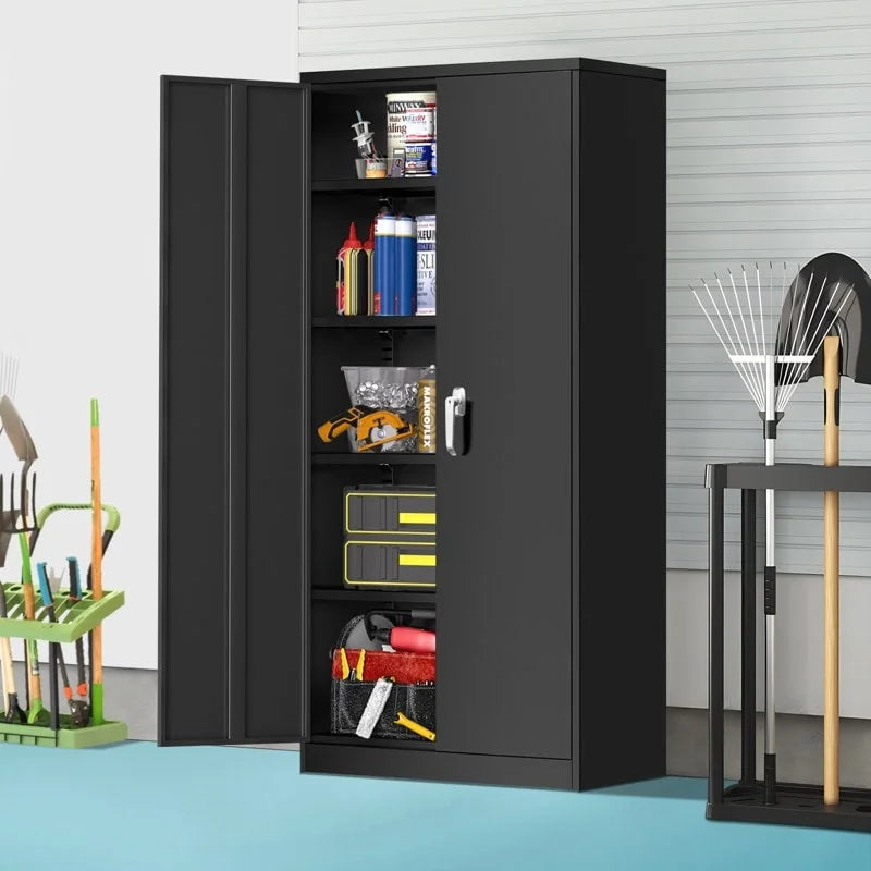 72 inch Black Metal Garage Storage Cabinet with Locking Doors P9963