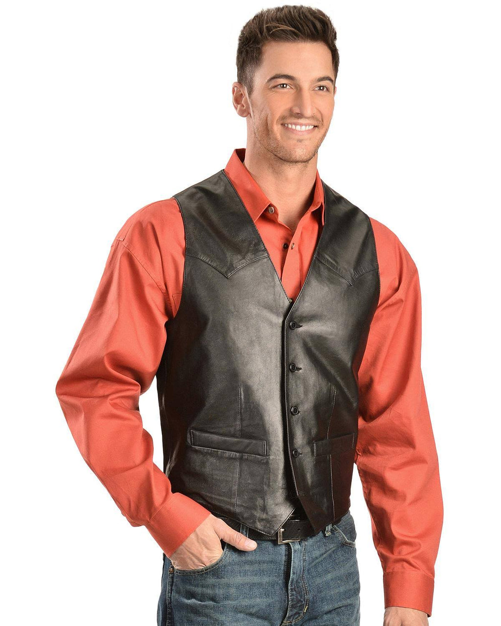 Black Lambskin Leather Button Vest Q639