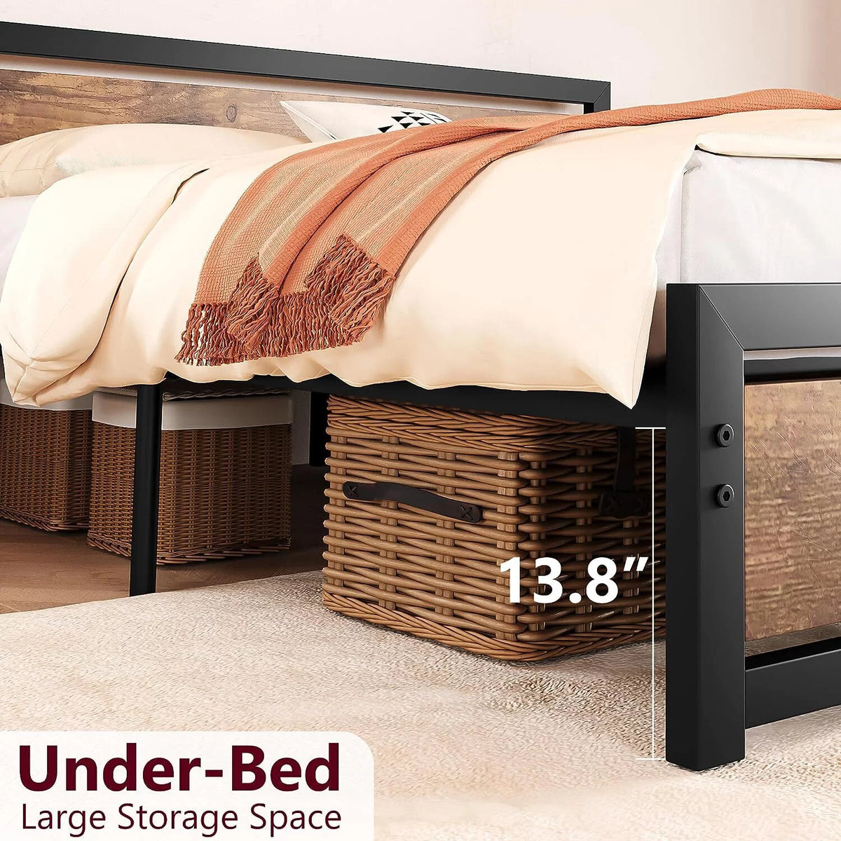 King Size Wooden Headboard Metal Bed Frame W110