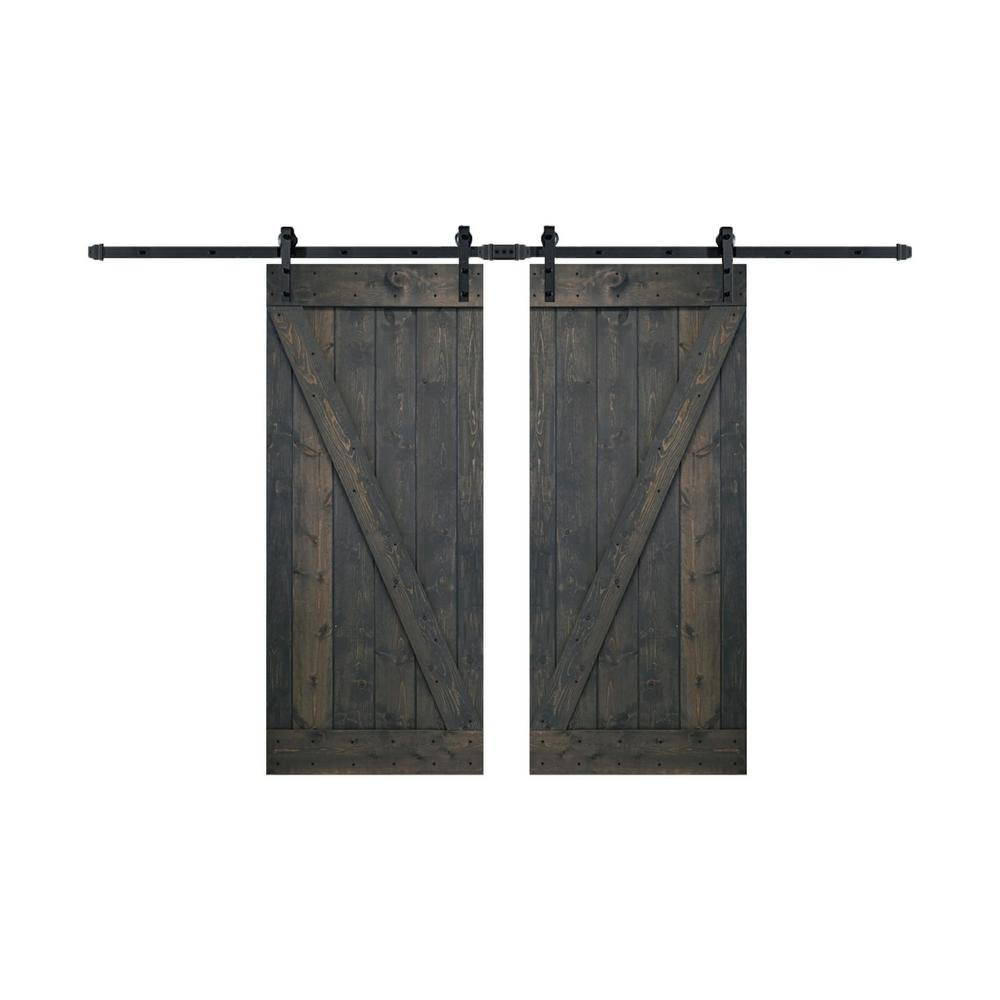 Carbon Gray Knotty Pine Wood Double Sliding Barn Door with Hardware Kit F239373
