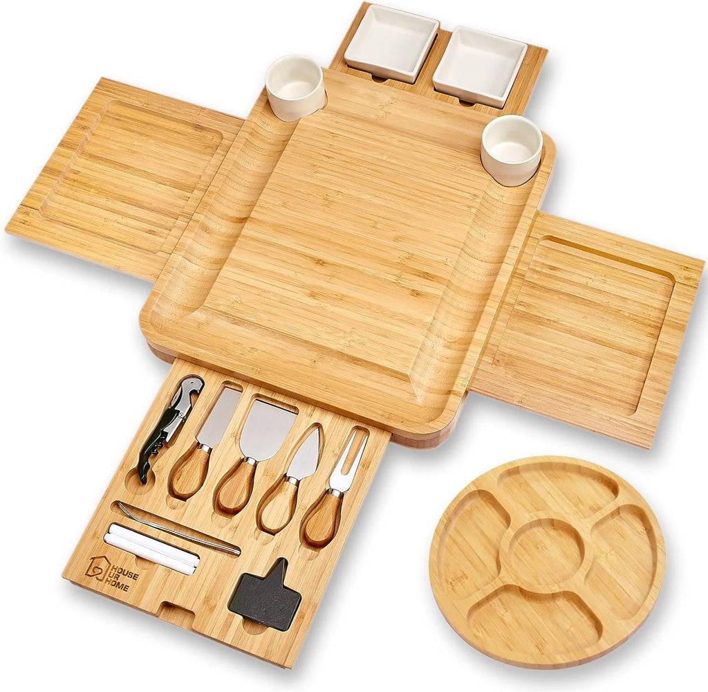 Large Charcuterie Board Set with 2 Ceramic Bowls & Plates, 4 Magnetic Drawers Bamboo Cheese Knife Set, Round Tray I6574