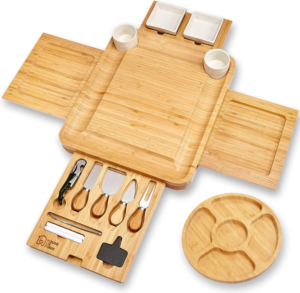 Large Charcuterie Board Set with 2 Ceramic Bowls & Plates, 4 Magnetic Drawers Bamboo Cheese Knife Set, Round Tray I6574