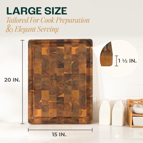 20''Lx15''Wx1.5” Thick Acacia Wood Cutting Board with Juice Grooves and Handle T134