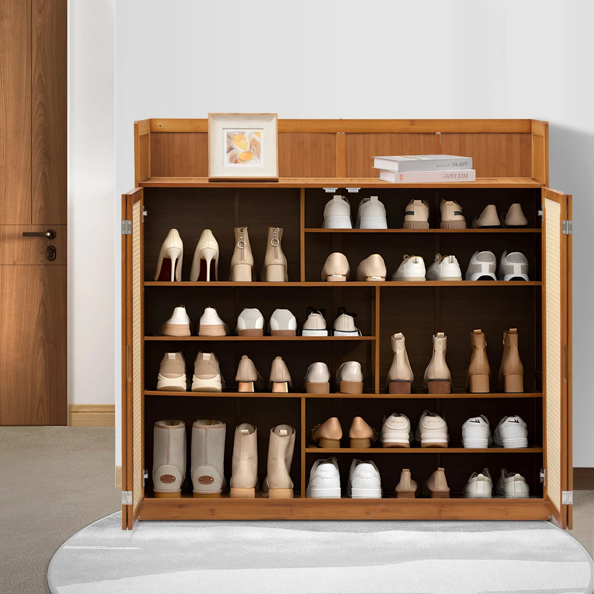 Bamboo 30 Pairs 7-Tier Shoe Cabinet with Folding Rattan Doors and Boots Compartments W866