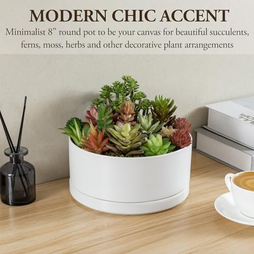 White Ceramic 7 Inch Plant Pot with Drainage Hole and Removable Tray S279058