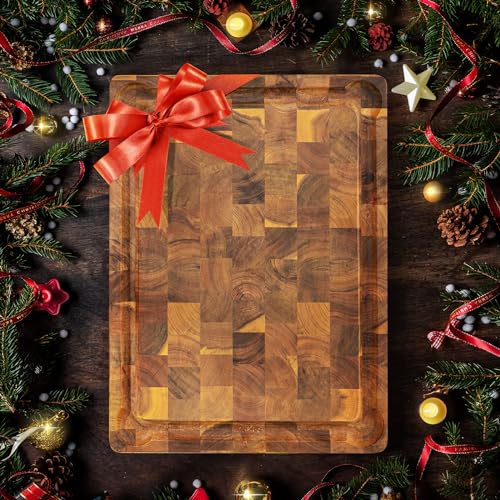 20''Lx15''Wx1.5” Thick Acacia Wood Cutting Board with Juice Grooves and Handle T134