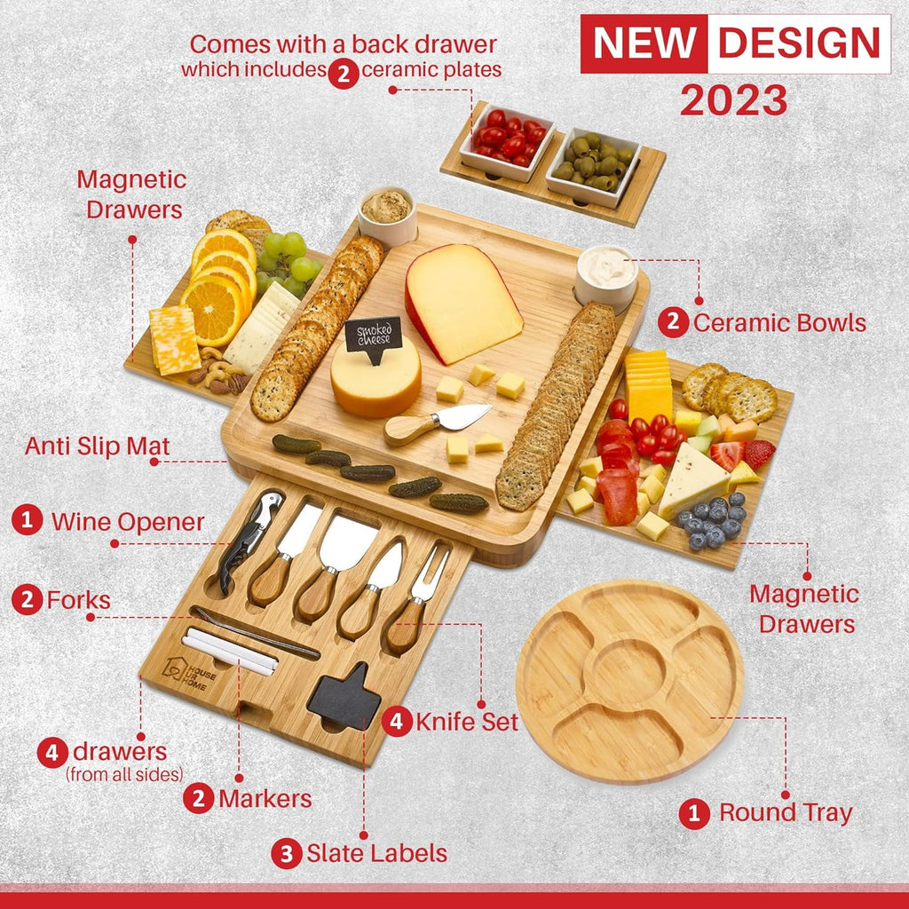 Large Charcuterie Board Set with 2 Ceramic Bowls & Plates, 4 Magnetic Drawers Bamboo Cheese Knife Set, Round Tray I6574