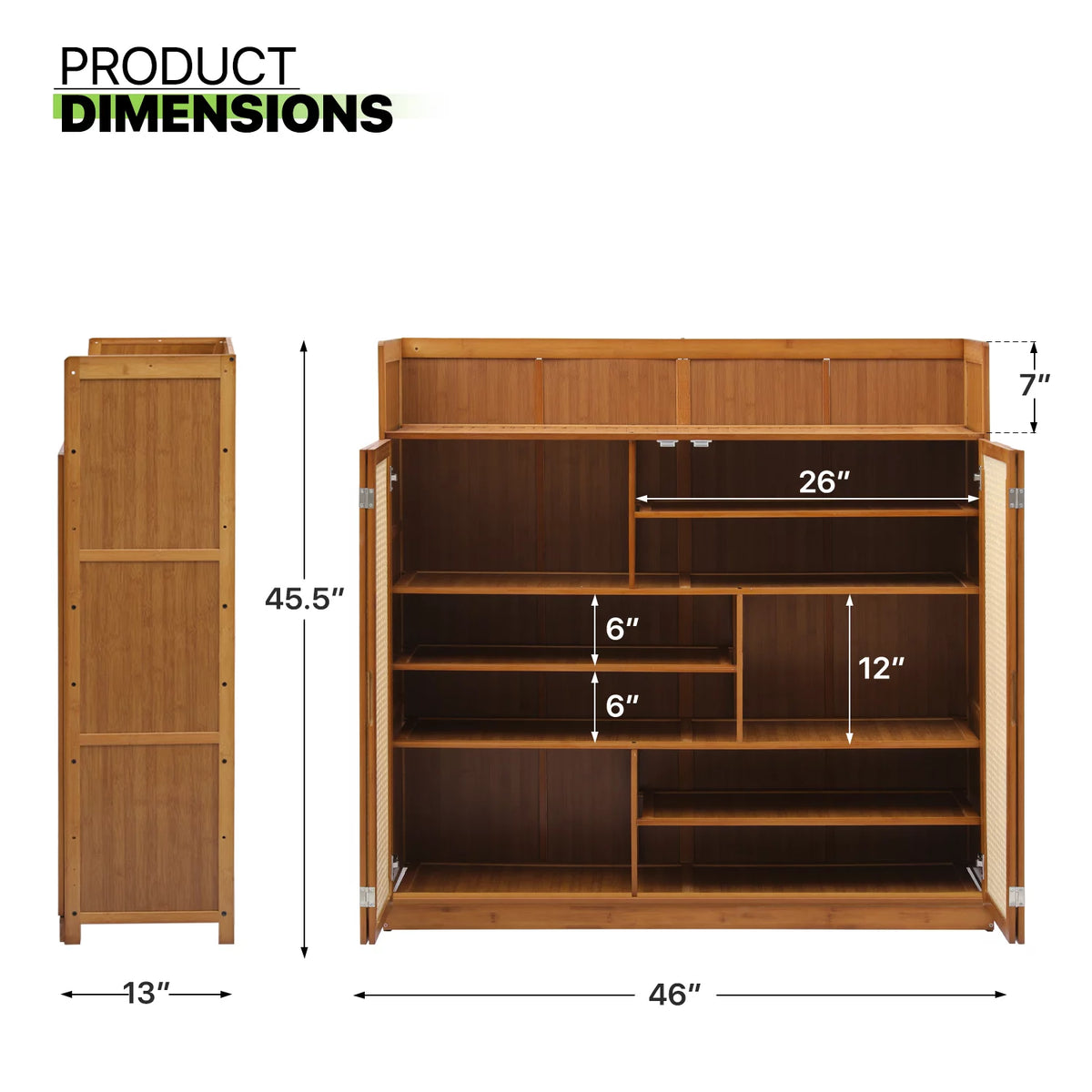 Bamboo 30 Pairs 7-Tier Shoe Cabinet with Folding Rattan Doors and Boots Compartments W866