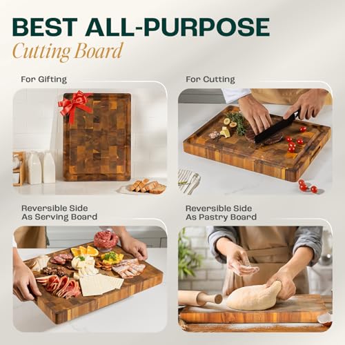 20''Lx15''Wx1.5” Thick Acacia Wood Cutting Board with Juice Grooves and Handle T134
