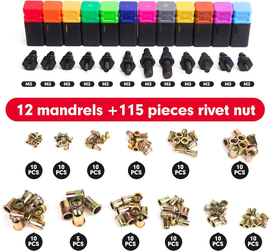 16 Rivet Nut Tool with 12 Mandrels and 115 Pcs Rivets Nuts E1913