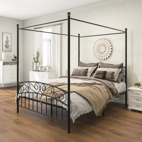 Queen Size Canopy Bed Frame with Headboard & Footboard Black Y1090