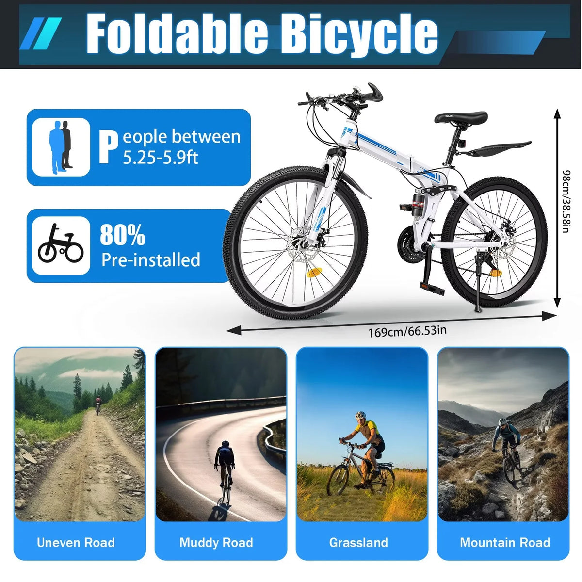 Folding Mountain Bike 21-speed Blue and White U1663