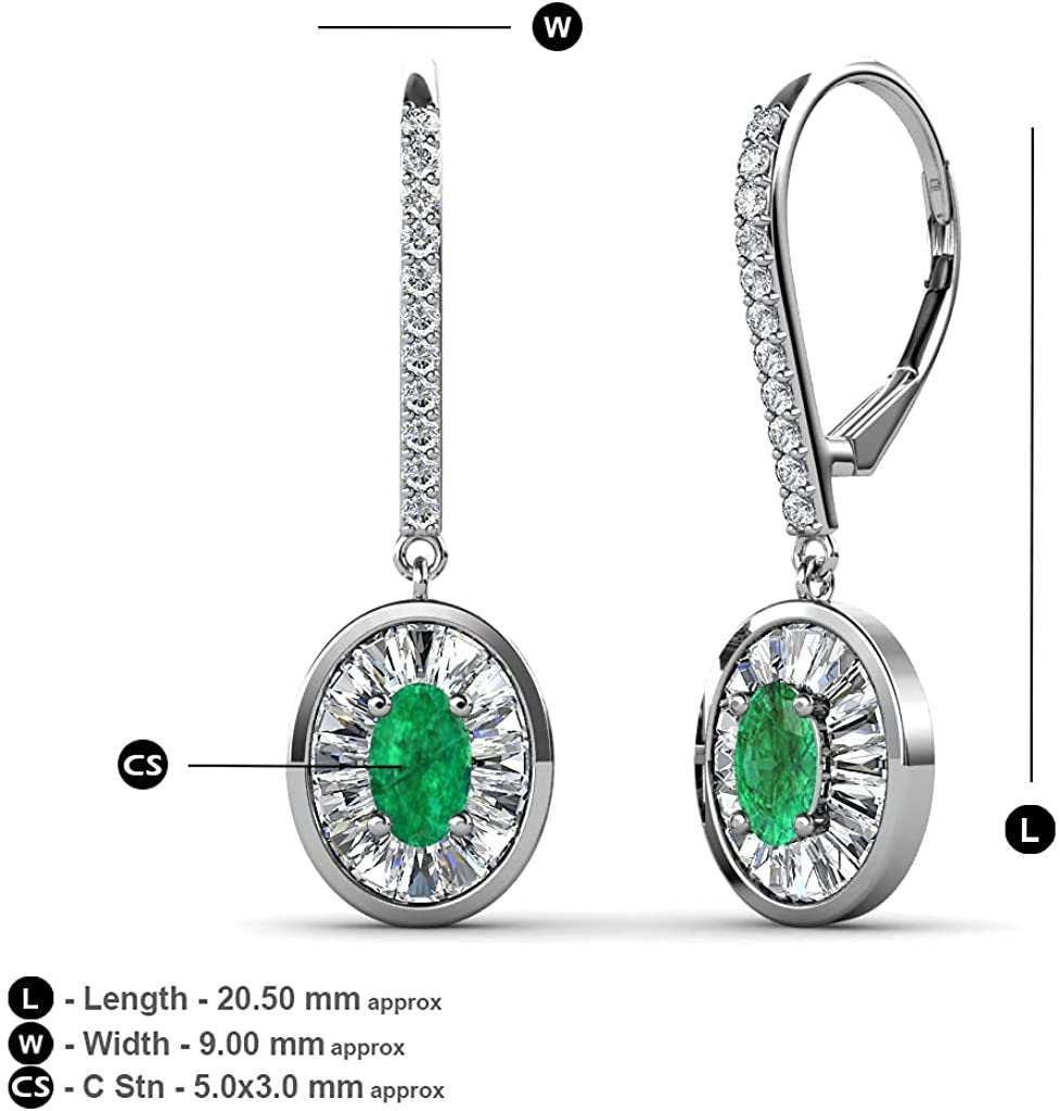 Oval Cut Emerald and Baguette Diamond Halo Drop Earrings 14K Gold S75259