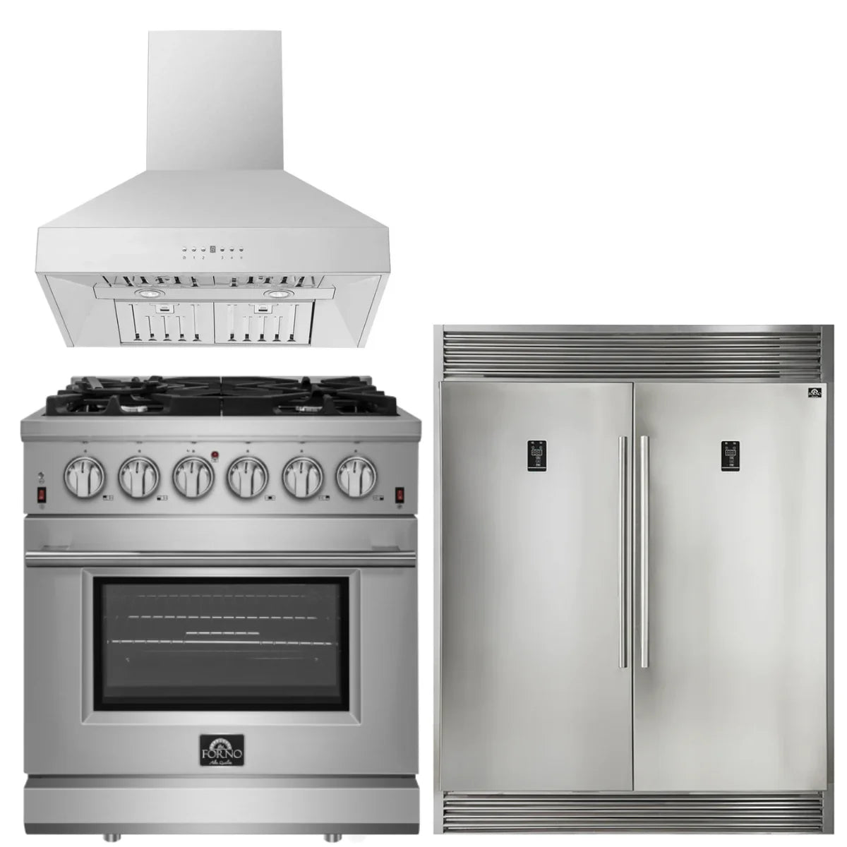 30 Inch Gas Range, Wall Mount Range Hood, Refrigerator A7397