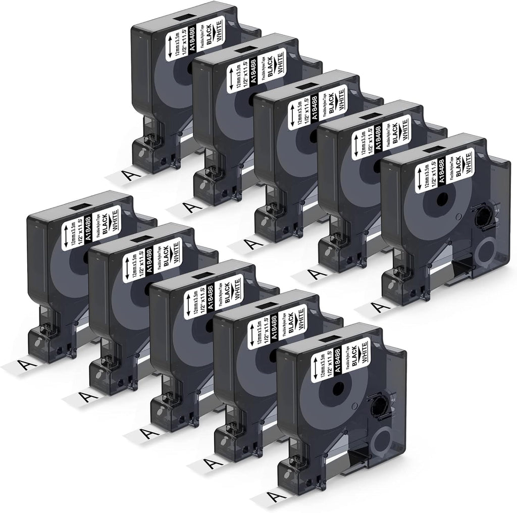 Industrial Label Tape Replacement for DYMO Rhino Label Maker, Black on White, 1/2'' x 11.5', 10-Pack R149807