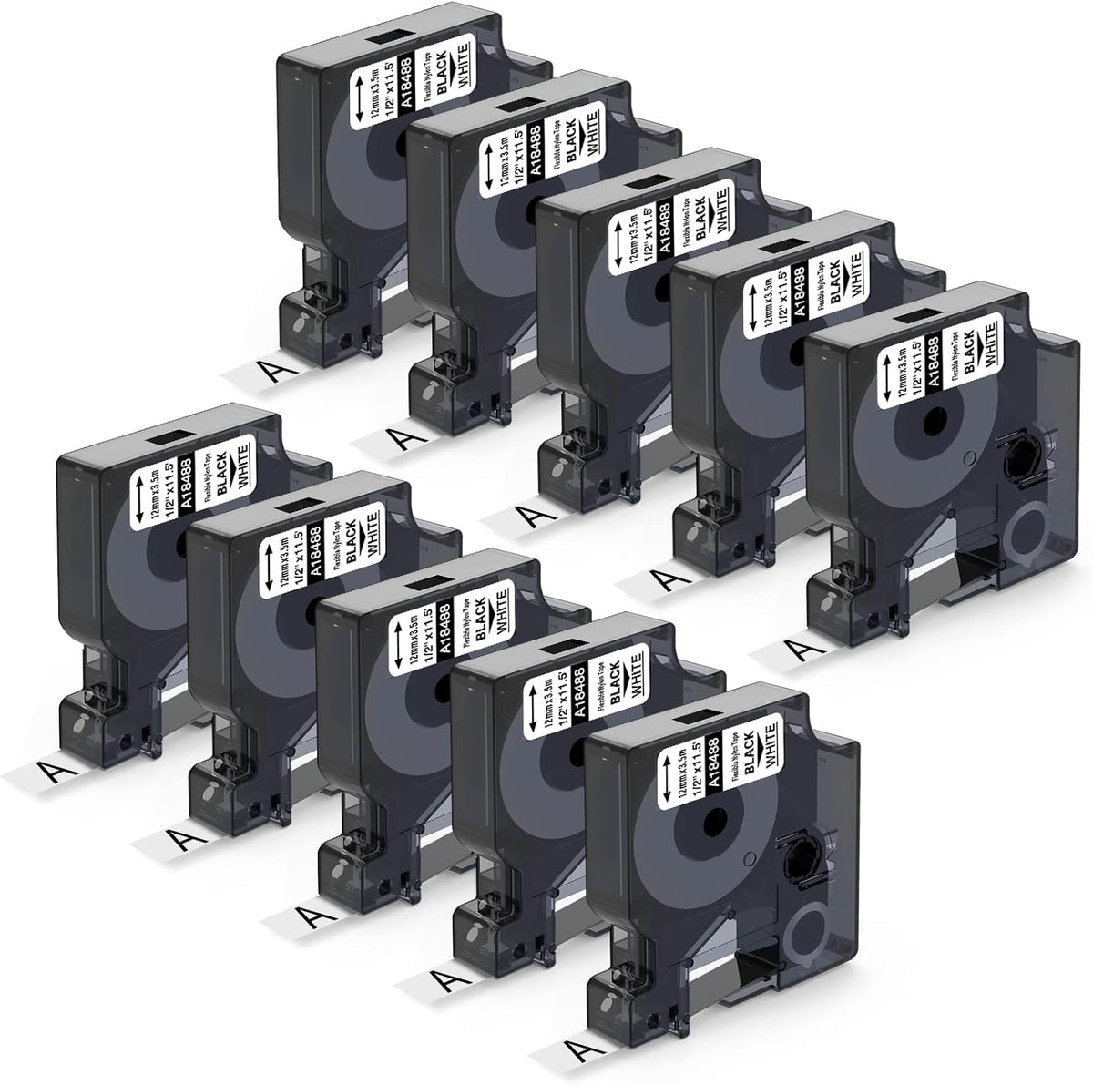 Industrial Label Tape Replacement for DYMO Rhino Label Maker, Black on White, 1/2'' x 11.5', 10-Pack R149807