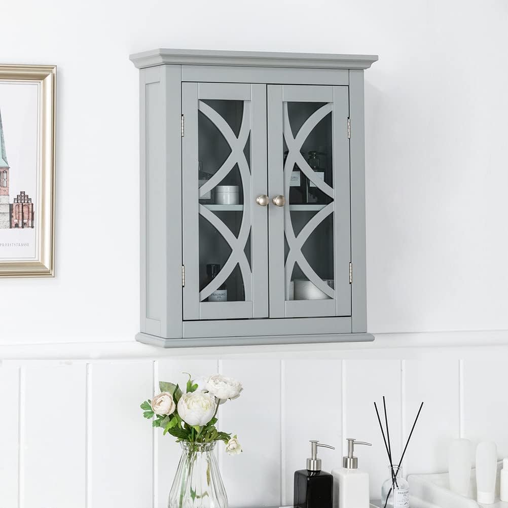Grey Wooden Storage Cabinet with Double Doors and Drawer N543