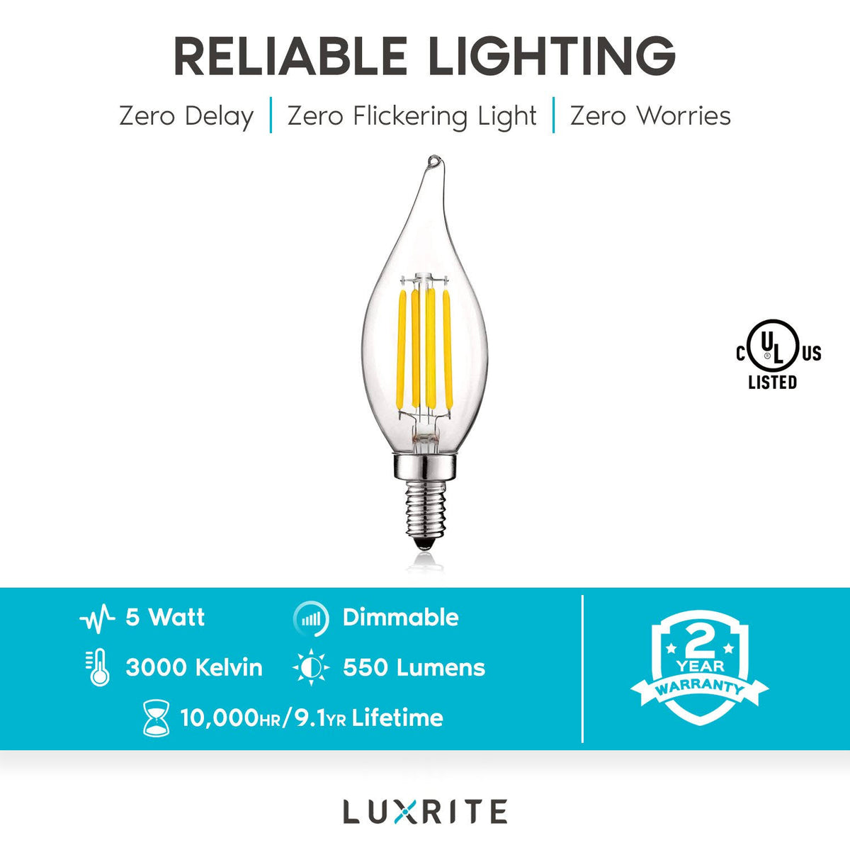24 Pack Dimmable LED Bulb, 550 Lumens, 3000K Soft White, Flame Tip Clear Glass D55153