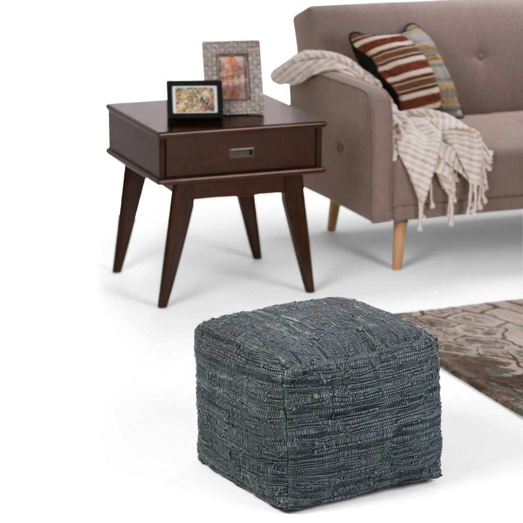 Genuine Leather Square Pouf - Grey W8510